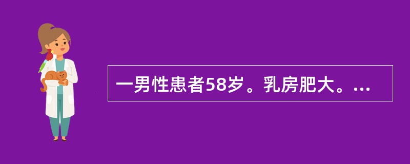 一男性患者58岁。乳房肥大。双侧乳房中央各有扁圆形肿块一个。轻压痛。多考患为（）