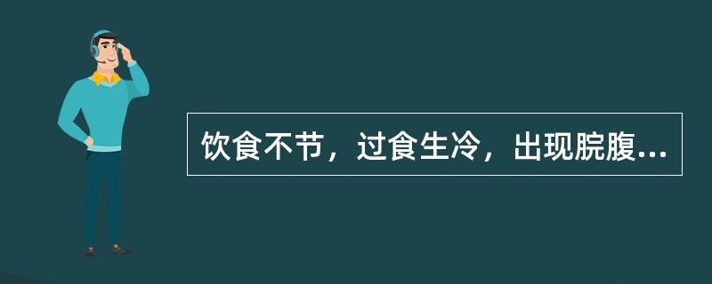 饮食不节，过食生冷，出现脘腹痞闷胀痛，食少便溏，口淡不渴，头身困重，面色萎黄，舌淡胖，苔白腻，脉濡缓，属于