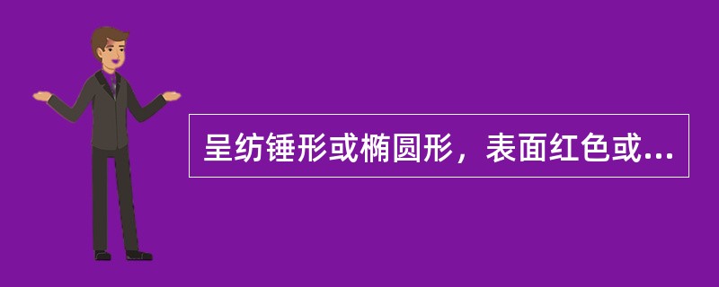 呈纺锤形或椭圆形，表面红色或黯红色，质柔软而滋润，内藏种子多数，黄色，气微，味甜，微酸苦，该药材是