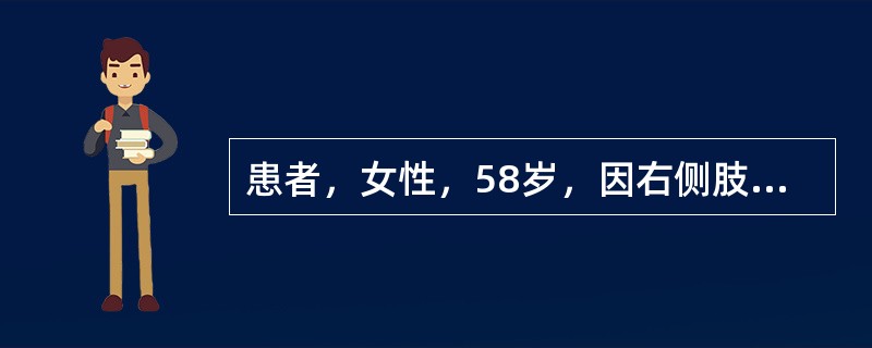 患者，女性，58岁，因右侧肢体乏力2月入院，既往高血压、糖尿病病史。查体：神清，没有自发语言，嘱患者“抬手”等指令也不能配合，饮水呛咳，右侧肢体肌力2～3级，肌张力正常，可独坐，右侧病理征（+），头颅