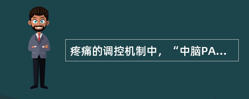 疼痛的调控机制中，“中脑PAG、延脑头端腹内侧核群和一部分脑桥背外侧网状结构的轴突经过脊髓背外侧束下行，对脊髓背角痛觉信号传递产生抑制性调控”属于（　）。