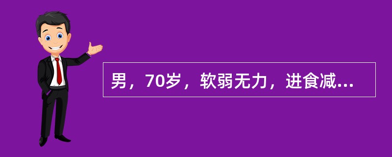 男，70岁，软弱无力，进食减少，口渴、多尿2周，近2天嗜睡。急诊检查：BP70／50mmHg，神志不清，皮肤干燥失水，呼吸34次／分，心率108次／分，尿糖（++++），尿酮（±）。既往无糖尿病史。最