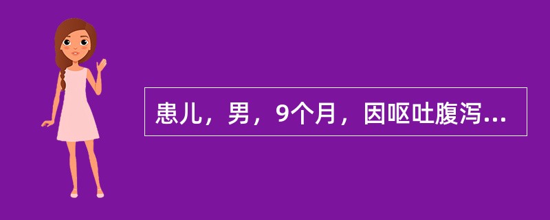 患儿，男，9个月，因呕吐腹泻3天入院。患儿于3天前出现腹泻，大便12次/天。量多，水样，呕吐3～4次/天。查体：皮肤弹性差，粘膜干燥，眼窝及前囟明显凹陷，眼泪少，较烦躁，血清钠126mmol/L。累积