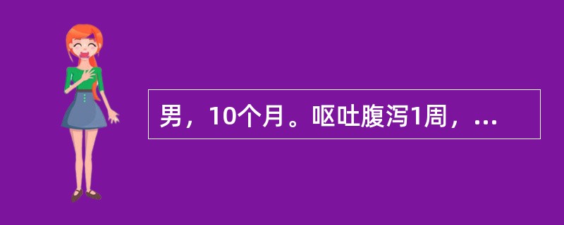 男，10个月。呕吐腹泻1周，嗜睡，口渴，尿量减少。皮肤弹性差，前囟及眼眶明显凹陷，脉细速，四肢稍凉，测血钠125mmol/L。考虑为