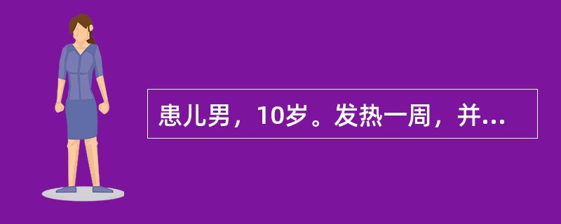 患儿男，10岁。发热一周，并有咽喉痛，最近两天皮肤有皮疹。体检：颈部及腹股沟浅表淋巴结肿大，肝肋下1cm，脾肋下1cm。入院时血常规结果为：血红蛋白122g／L;白细胞15×109／L，白细胞分类：中