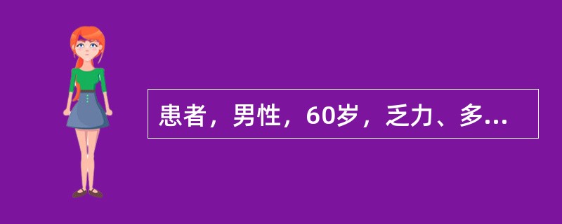 患者，男性，60岁，乏力、多尿8个月。尿蛋白阳性，血清尿素氮为38.3mmol／L，肌酐612μmol／L，空腹血糖5.7mmol／L，K+5.2mmol／L,Na+134mmol／L,TCO215m