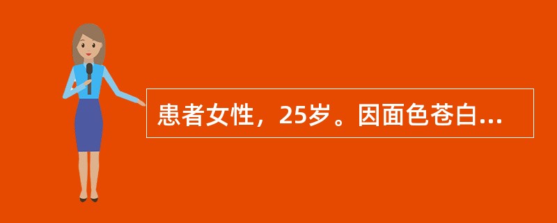 患者女性，25岁。因面色苍白、头晕、乏力1年余，近1个月伴心慌就诊。结婚半年，月经初潮14岁，7天／27天，末次月经半月前，近2年月经量多，半年来更明显。贫血貌，皮肤黏膜无出血点，浅表淋巴结不大，巩膜