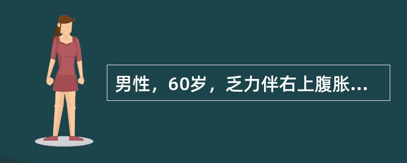 男性，60岁，乏力伴右上腹胀半年。体检：脾肋下4cm。检验：血红蛋白98g/L，血小板327×109/L，白细胞36×109/L，白细胞分类：中性成熟粒细胞45%、嗜碱性粒细胞2%、幼粒细胞9%、淋巴