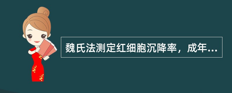 魏氏法测定红细胞沉降率，成年男性参考值为