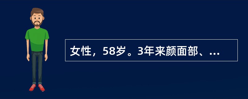 女性，58岁。3年来颜面部、双手皮肤肿胀，手指呈腊肠样。1周来双下肢水肿，尿少，恶心呕吐，视力模糊。查体：血压190/140mmHg，面部表情呆板，双手皮肤增厚，皮纹少。化验：ESR48mm/第1小时