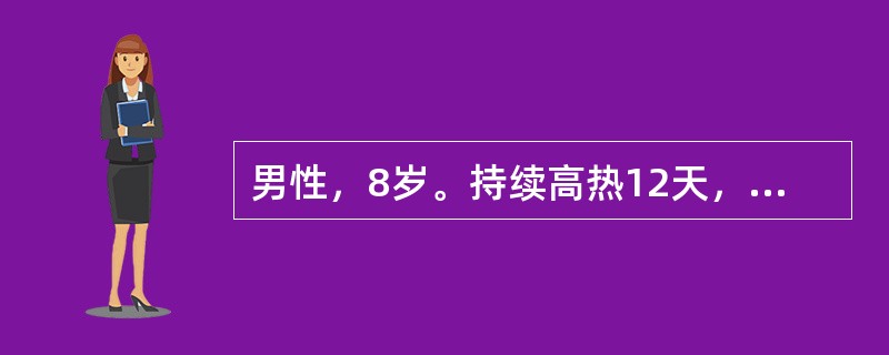 男性，8岁。持续高热12天，伴腹泻每日3～5次，右下腹隐痛住院。体验：肝肋下2cm，脾肋下5cm。化验：WBC2.5×109/L，杆状粒细胞0.10（10%），N0.60（60%），L0.30（30%