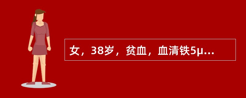 女，38岁，贫血，血清铁5μmol/L，血清总铁结合力410μmol/L，血清铁蛋白10μg/L，网织红细胞计数0.015，血清铁饱和度5％，诊断为（　　）。