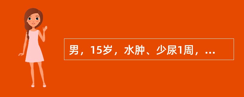 男，15岁，水肿、少尿1周，半月前有“感冒”史，BP：140／90mmHg，Hb120g／L，尿蛋白(+++)，尿潜血(+++)，尿RBC15～20个／HP，血肌酐180umol／L，血C3下降，最先