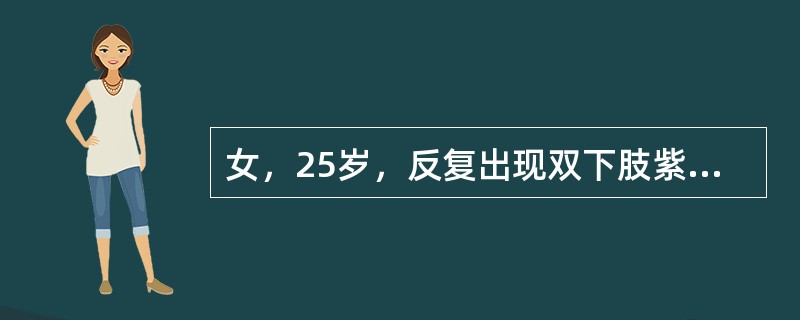 女，25岁，反复出现双下肢紫癜，月经过多1年，病前无服药史。脾肋下1cm。血红蛋白10.5g/dL，白细胞5.4×109/L，血小板25×109/L。血沉、尿常规及肝功能试验正常，抗核抗体谱阴性，颗粒