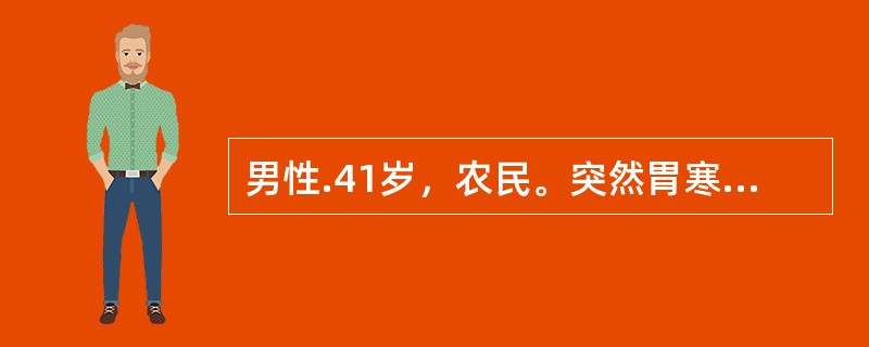 男性.41岁，农民。突然胃寒发热4日伴头痛，全身肌肉痛，以腓肠肌痛为著，于8月中旬来诊。按“感冒”治疗，未见好转，3日后皮肤出现瘀斑，瘀点、巩膜黄染入院。查体：体温39.4℃，巩膜黄染，腹股沟淋巴结肿