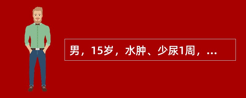 男，15岁，水肿、少尿1周，半月前有“感冒”史，BP：140/90mmHg，Hb120g/L，尿蛋白（+++)，尿潜血(+++)，尿RBC15～20个/HP，血肌酐180μmol/L，血C下降，最先考