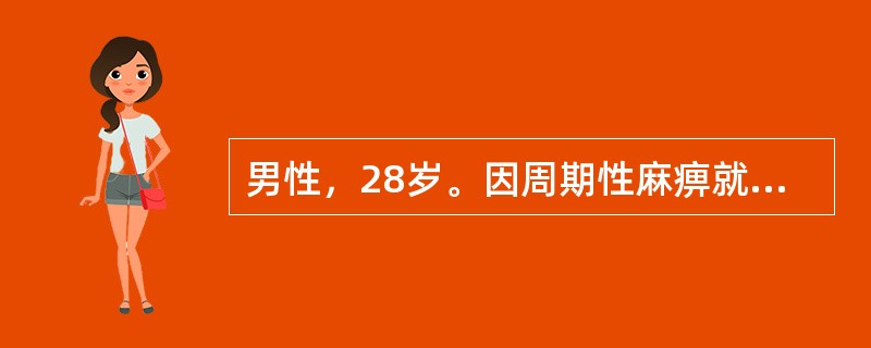 男性，28岁。因周期性麻痹就诊。化验：血钾2.9mmol／L，血CO2CP16mmol／L，尿pH7.0