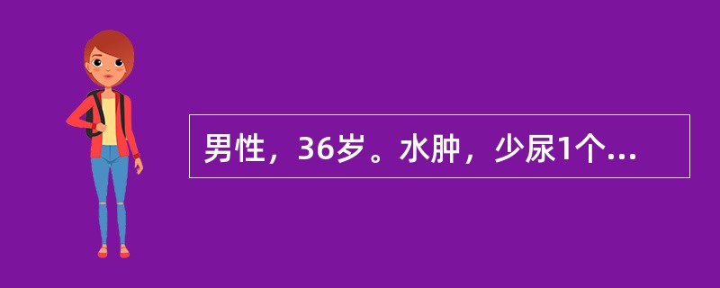 男性，36岁。水肿，少尿1个月，鼻出血3天，查体贫血貌，BP：160/90mmHg，Hb80g/L，尿蛋白(++)、尿隐血(++)，尿RBC6～8/HP，血肌酐846μmol/L，B超左肾9.1cm×