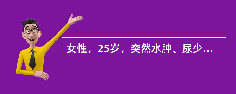 女性，25岁，突然水肿、尿少、血尿，3周后进入昏迷，尿蛋白（＋＋＋），红细胞10～15个/HP，白细胞1～3个/HP，颗粒管型0～3个/HP，血压180/110mmHg，BUN 27mmol/L，急诊