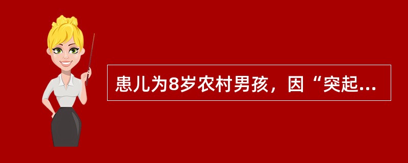 患儿为8岁农村男孩，因“突起高热3天，昏迷、抽搐1天”于本年8月3日入院。现体温40.1℃，血压14.7/9.3kPa(110/70mmHg)。皮肤无淤点。两瞳孔不等大，对光反应迟钝，颈有抵抗感。心率
