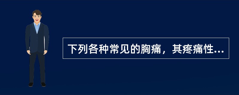 下列各种常见的胸痛，其疼痛性质叙述错误的是（　　）。