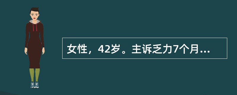 女性，42岁。主诉乏力7个月，伴左上腹饱胀感。查体：浅表淋巴结未及，肝未及，脾肋下4cm。RBC3.0×1012/L,HGB100g/L,WBC120×109/L，PLT300×109/L。分类：原粒