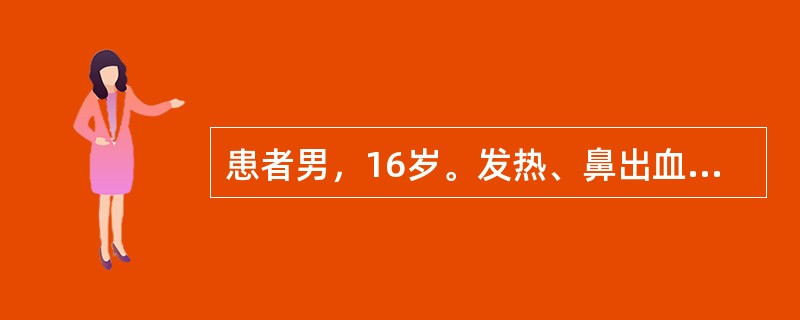 患者男，16岁。发热、鼻出血2周入院。浅表淋巴结不肿大，皮下瘀点、瘀斑，肝脾未触及，HGB56g/L,WBC2.2×109/L,PLT22×109/L，网织红细胞0.0013，胸片提示右下肺炎。积极治