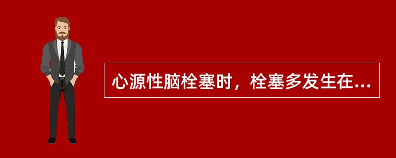 心源性脑栓塞时，栓塞多发生在（　　）。