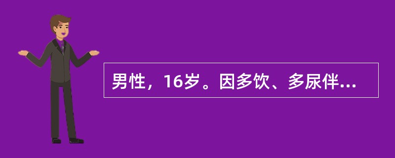 男性，16岁。因多饮、多尿伴消瘦乏力1月来诊。空腹血糖16.2mmol/L，空腹胰岛素水平0.72pmol/L（0.1uU/ml），诊断为胰岛素依赖型糖尿病。<br />化验报告：血糖24