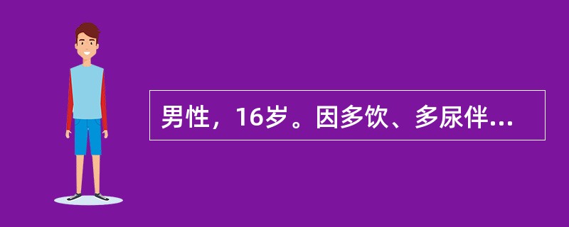 男性，16岁。因多饮、多尿伴消瘦乏力1月来诊。空腹血糖16.2mmol/L，空腹胰岛素水平0.72pmol/L（0.1uU/ml），诊断为胰岛素依赖型糖尿病。<br />半年后，患者因食不