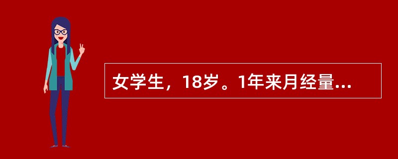 女学生，18岁。1年来月经量增多，2周来发现下肢皮肤有瘀点、瘀斑，伴鼻出血及牙龈出血。体检：轻度贫血貌，脾肋下侧位刚及。化验：Hb90g/L，WBC3.9×109/L，血小板45×109/L，骨髓检查