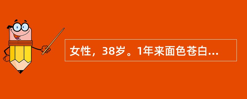 女性，38岁。1年来面色苍白伴倦怠、耳鸣就诊。化验RBC2.5×1012/L，Hb55g/L，MCV75fL（75μm3），MCH22pg，MCHC0.29（29％），红细胞中央淡染区扩大，网织红细胞