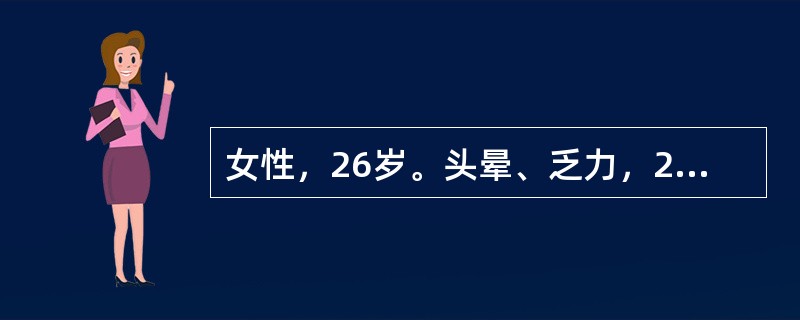 女性，26岁。头晕、乏力，2年来月经量多，浅表淋巴结及肝、脾无肿大，Hb 62g/L，WBC 7.0×109/L，PLT 175×109/L，血片可见红细胞中心淡染区扩大，网织红细胞计数0.005。&