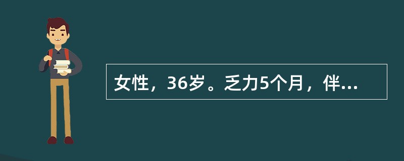 女性，36岁。乏力5个月，伴左上腹饱胀感。体检：浅表淋巴结未及，脾肋下5cm。RBC 3.6×1012/L，Hb 92g/L，WBC 190×109/L，PLT 290×109/L。分类：原始粒细胞0