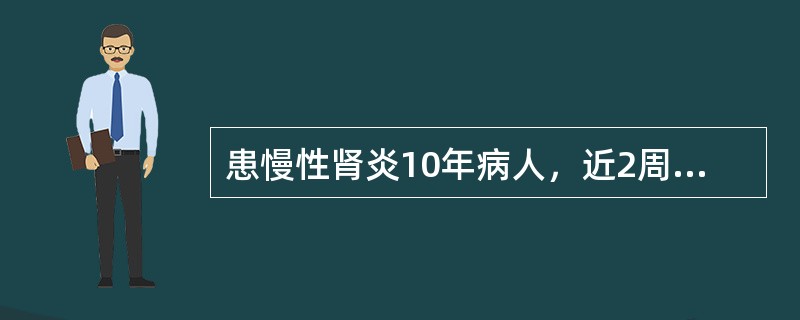 患慢性肾炎10年病人，近2周来持续性少尿，浮肿恶心，伴呼吸困难，BP180／100mmHg，心率110次／分，两肺底可闻湿啰音，BUN54mmol／L，二氧化碳结合力15mmol／L，静注速尿60mg