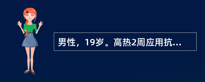 男性，19岁。高热2周应用抗生素治疗无效，胸骨压痛明显，肝脾肋下未触及。入院次日起出现皮肤多处片状瘀斑.血尿，肌肉注射局部渗血不止，血压90/60mmHg。WBC3.6×109/L，Hb51g/L，P