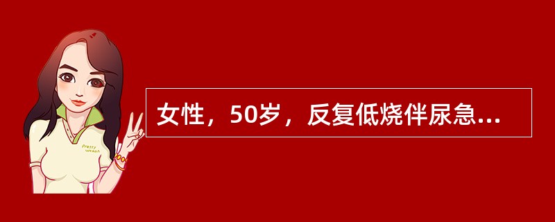 女性，50岁，反复低烧伴尿急、尿频、尿痛20多年，每次发病时尿沉渣镜检白细胞20～30个/HP，抗菌药物治疗有效。近1年来经常有乏力，半年来纳差。尿蛋白（＋），尿沉渣镜检白细胞少数，血肌酐3mg/dL