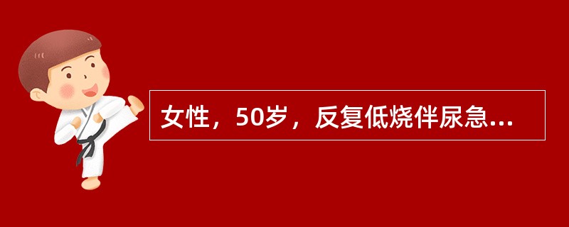 女性，50岁，反复低烧伴尿急、尿频、尿痛20年余，每次发病时尿沉渣镜检白细胞20～30/HP，抗菌药物治疗有效。近1年来经常有乏力，半年来纳差。尿蛋白（+），尿沉渣镜检白细胞少数，血肌酐30mg/L，