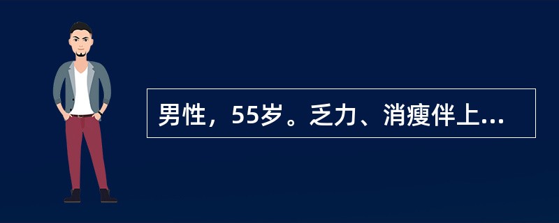 男性，55岁。乏力、消瘦伴上腹胀满半年余。查体：肝肋下2cm，脾平脐。Hb100g/L，WBC110×109/L，PLT98×109/L，血分类：原粒5％，早幼粒3％，中幼粒10％，晚幼粒12％。此患