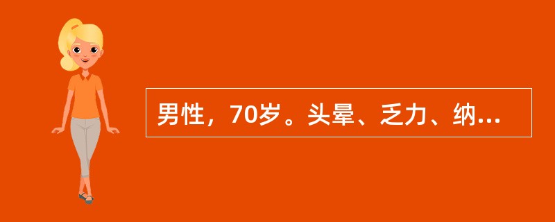 男性，70岁。头晕、乏力、纳差3个月余，不规则低热1个月就诊。体检：中度贫血貌，胸骨无压痛，肝、脾、淋巴结均不肿大。化验：Hb70g/L，WBC3.2×109/L，血小板43×109/L，骨髓涂片示增