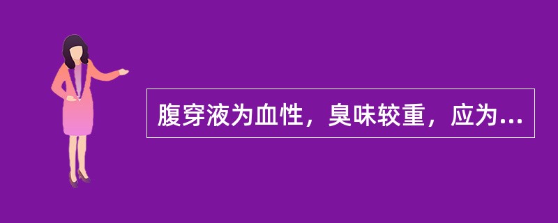 腹穿液为血性，臭味较重，应为（　　）。