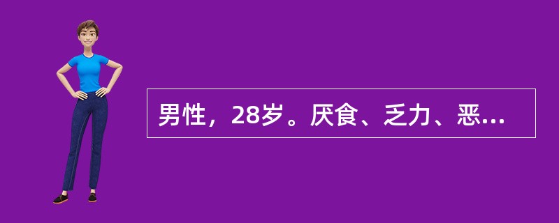 男性，28岁。厌食、乏力、恶心、呕吐1周，门诊化验：总胆红素46μmol/L，ALT200U，HAV-IgM（+），HAV-IgG（+），HBsAg（+），HBeAg（+），抗HBc（+）。此病人诊断