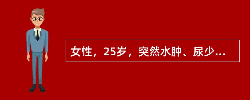 女性，25岁，突然水肿、尿少、血尿，3周后进入昏迷，尿蛋白（＋＋＋），红细胞10～15个/HP，白细胞1～3个/HP，颗粒管型0～3个/HP，血压180/110mmHg，BUN 27mmol/L，急诊