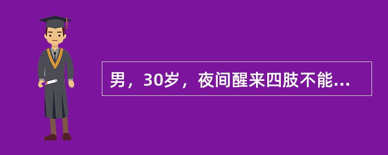 男，30岁，夜间醒来四肢不能自主，语言、呼吸无障碍。T：36.5℃；P：112次/min；R：20/min；BP：120/70mmHg ；甲状腺Ⅰ度肿大，未闻及血管杂音，无震颤。心、肺、腹（-）；四肢