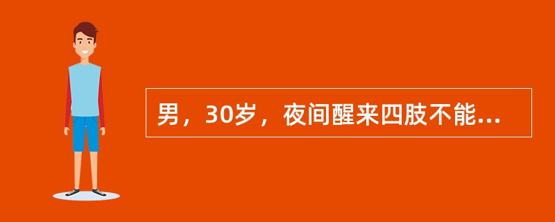 男，30岁，夜间醒来四肢不能自主，语言、呼吸无障碍。T：36.5℃；P：112次/min；R：20/min；BP：120/70mmHg ；甲状腺Ⅰ度肿大，未闻及血管杂音，无震颤。心、肺、腹（-）；四肢