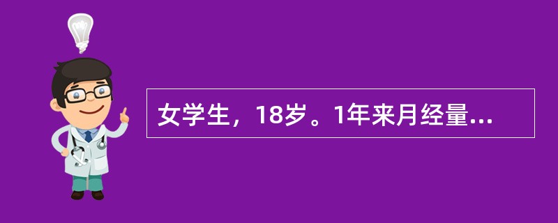 女学生，18岁。1年来月经量增多，2周来发现下肢皮肤有瘀点、瘀斑，伴鼻出血及牙龈出血。体检：轻度贫血貌，脾肋下侧位刚及。化验：Hb90g/L，WBC3.9×109/L，血小板45×109/L，骨髓检查