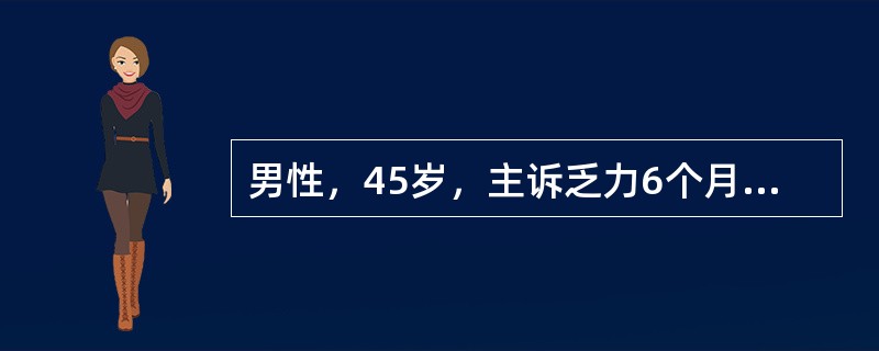 男性，45岁，主诉乏力6个月，伴左上腹饱胀感。体检：浅表淋巴结未及，肝未及，脾肋下5cm；RBC3.6×109/L，HGB100g/L，WBC150×109/L，PLT300×109/L。分类：原粒0