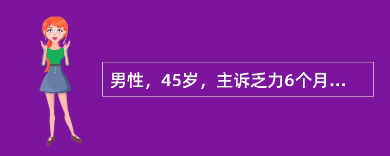 男性，45岁，主诉乏力6个月，伴左上腹饱胀感。体检：浅表淋巴结未及，肝未及，脾肋下5cm；RBC3.6×109/L，HGB100g/L，WBC150×109/L，PLT300×109/L。分类：原粒0