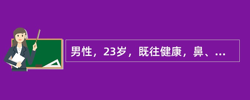 男性，23岁，既往健康，鼻、牙龈出血，皮肤瘀斑4天。查体：T37.9℃，皮肤大片状瘀斑，胸骨压痛，血常规：WBC2.8×109/L，Hb85g/L，PLT8×109/L，血分类中未见异常细胞，尿常规可