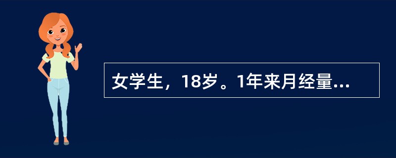 女学生，18岁。1年来月经量增多，2周来发现下肢皮肤有瘀点、瘀斑，伴鼻出血及牙龈出血。体检：轻度贫血貌，脾肋下侧位刚及。化验：Hb90g/L，WBC3.9×109/L，血小板45×109/L，骨髓检查